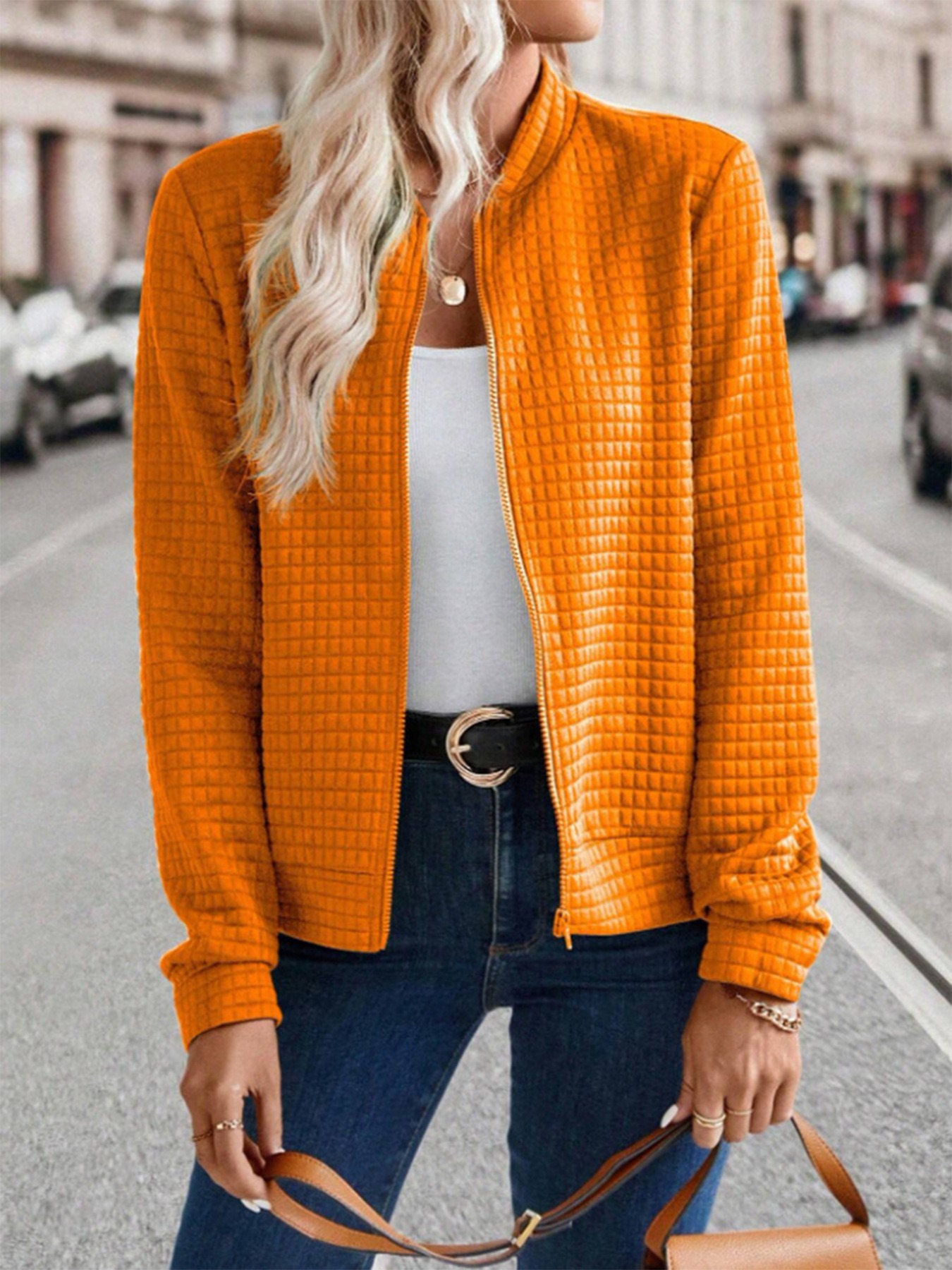 Women's Solid Color Zip-Up Jacket with Textured Finish