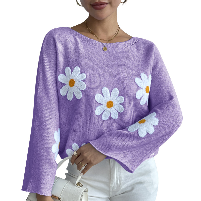 Sweet Floral Embroidered Off-Shoulder Loose Knit Sweater