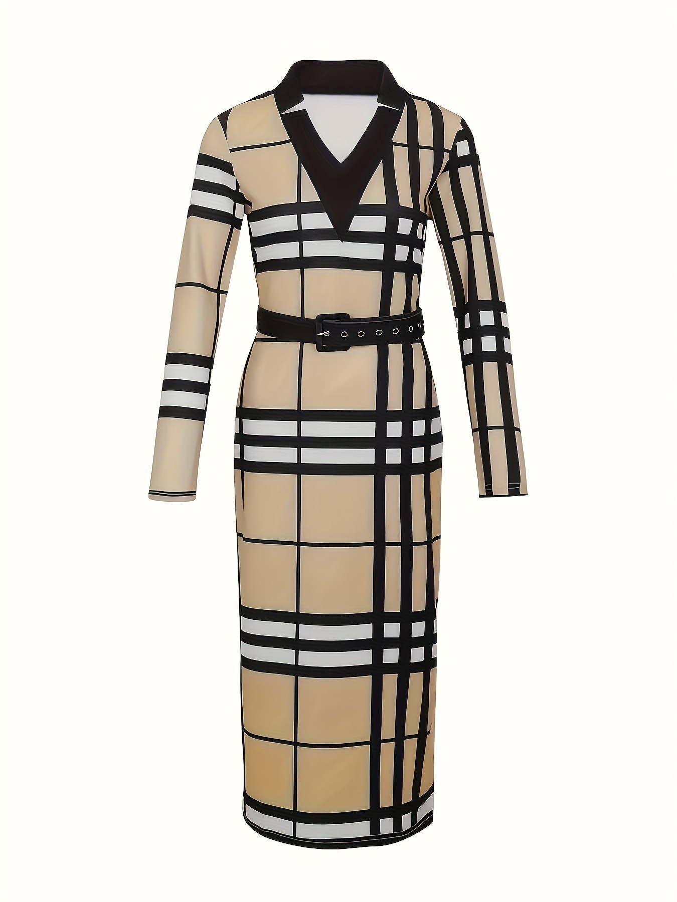 Plaid V-Neck Bodycon Long Sleeve Dress with Belt