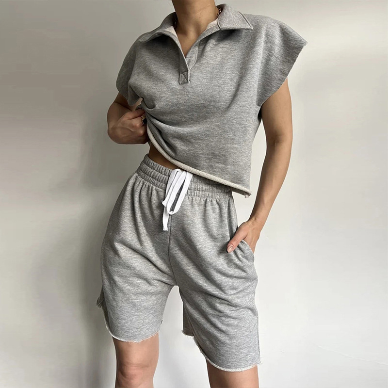 Women's Collared Long-Sleeve Loose Top and Tie Shorts Two-Piece Set