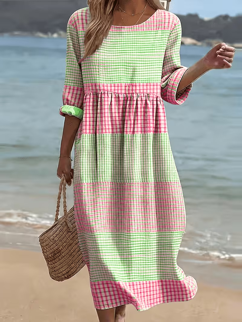 Women's Plaid Color-Block Floral Midi Dress with Pleated Details