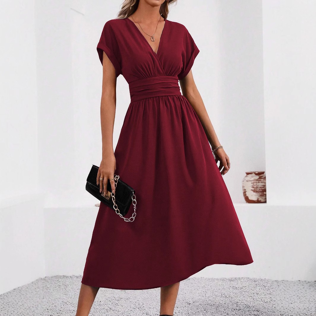 Women's Solid Overlap V-Neck Batwing Sleeve Ruched Waist Long Dress