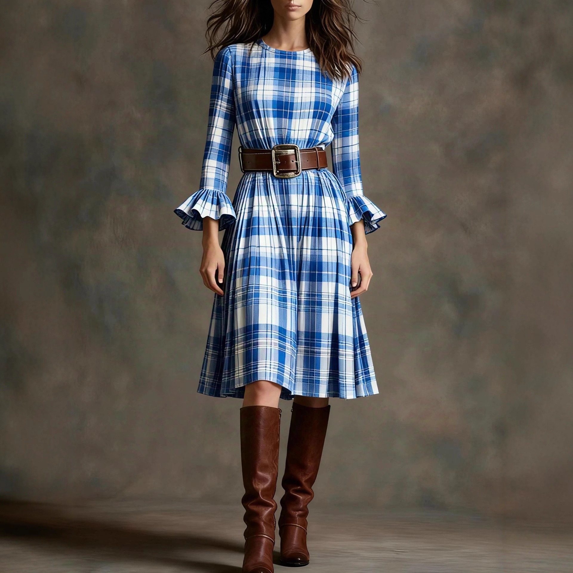French Vintage Plaid Flare-Sleeve Midi Dress