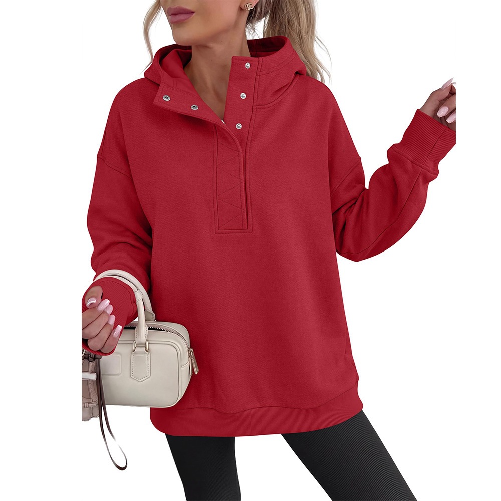 Women's Half-Button Hooded Sweatshirt Long Sleeve Loose Fit