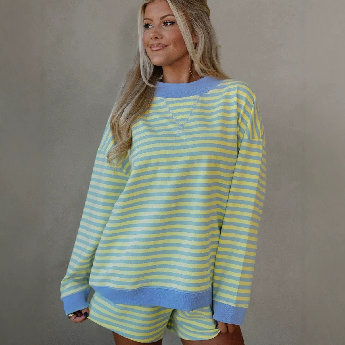 Striped Print Long-Sleeve Top and Shorts Two-Piece Lounge Set