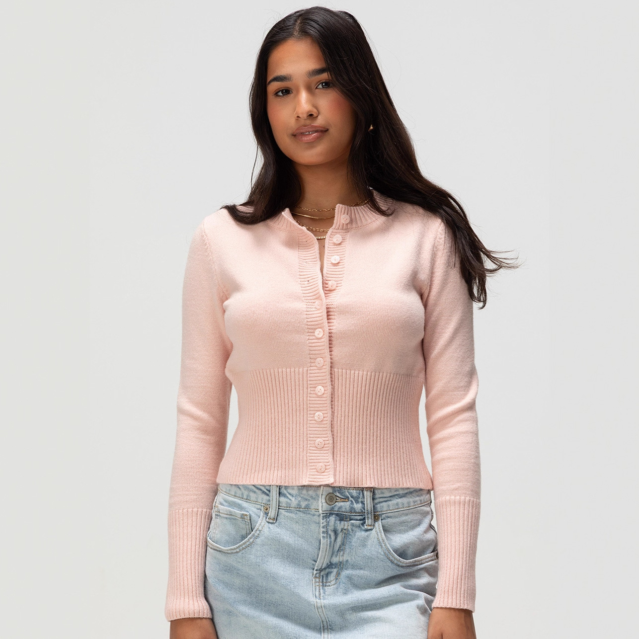 Women's American Retro Solid Crewneck Button-Up Cropped Knit Cardigan Low-Rise Anti-Slip Long Sleeve Top