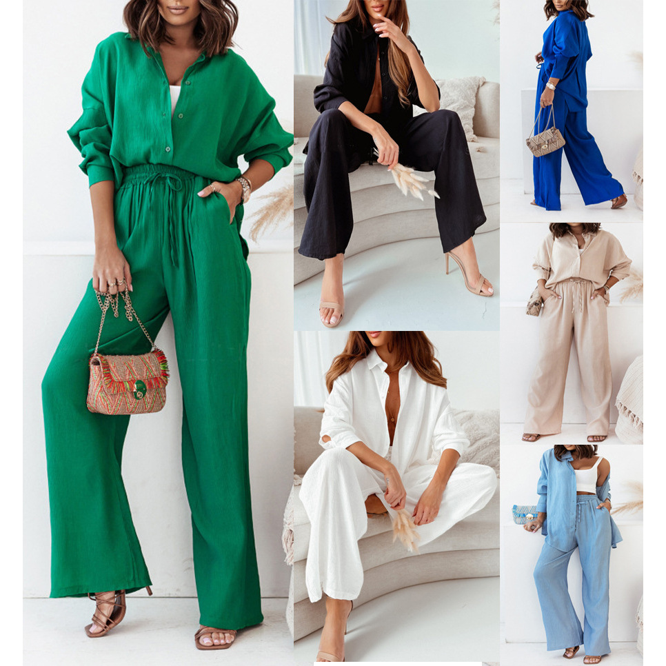 Women's Relaxed Fit Wrinkle Textured Long Sleeve Shirt and Wide Leg Pants Casual Set
