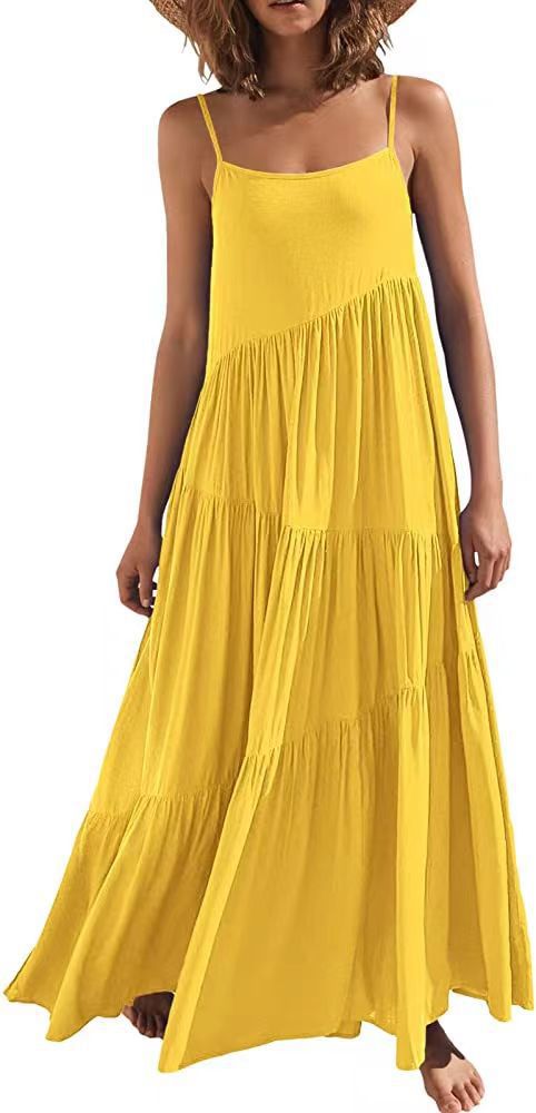 Women's Summer Loose Solid Pleated Sleeveless Halter Long Dress