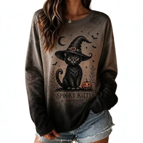 Women's Halloween Witch Hat Cat Print Sweatshirt