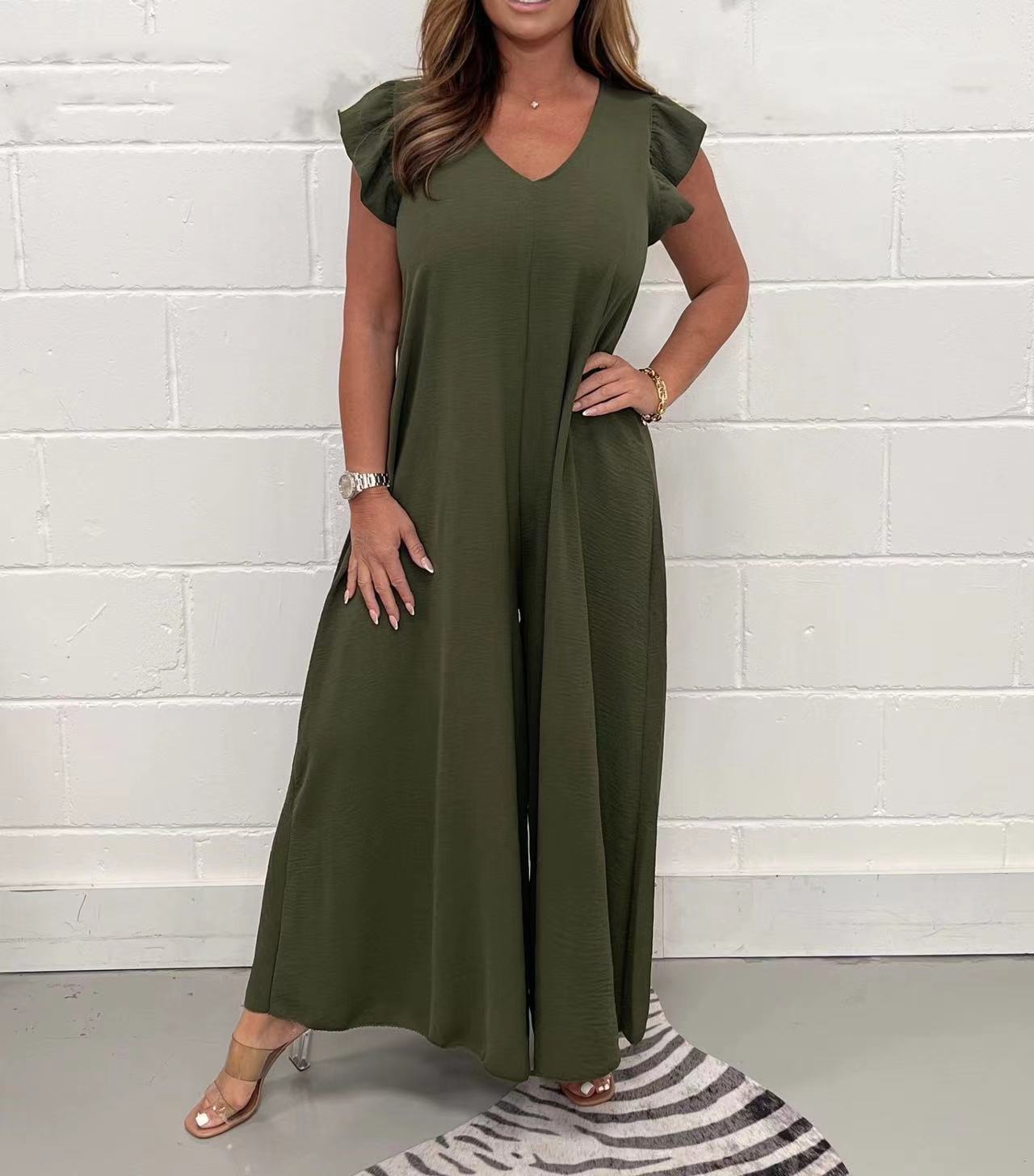 Women's Tie-Waist Ruffle Wide-Leg Jumpsuit Solid Casual
