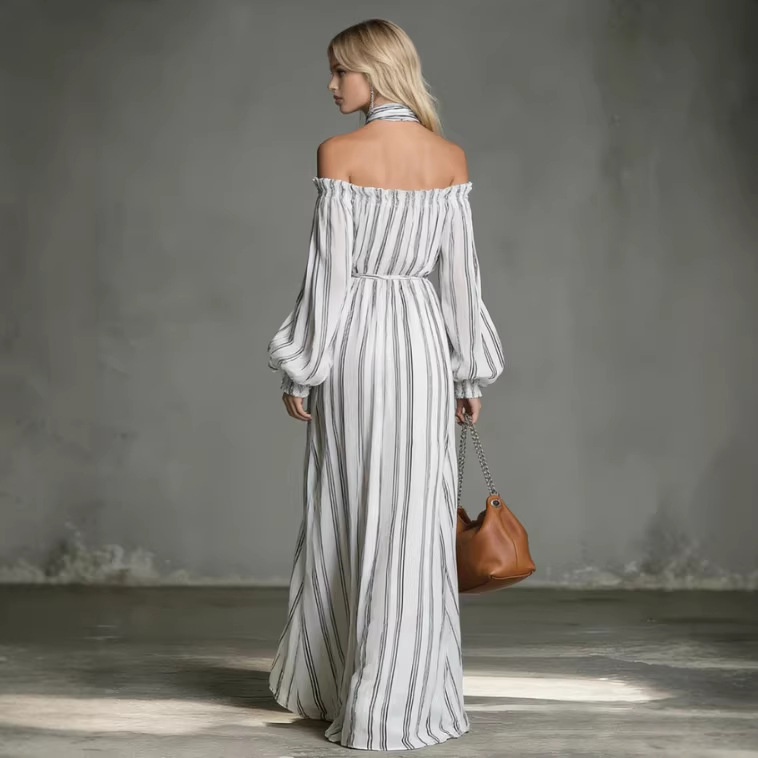 Off-Shoulder Striped Chiffon Long Sleeve Maxi Dress