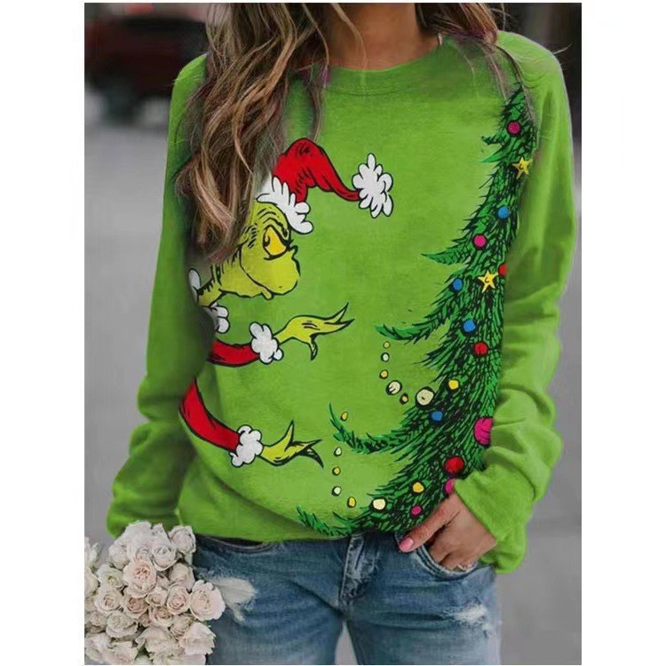 Women's Christmas Tree Grinch Reindeer Print Crewneck Sweatshirt