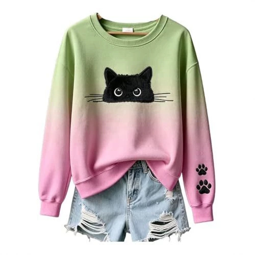 Women's Colorblock Cat Paw Print Crewneck Sweatshirt