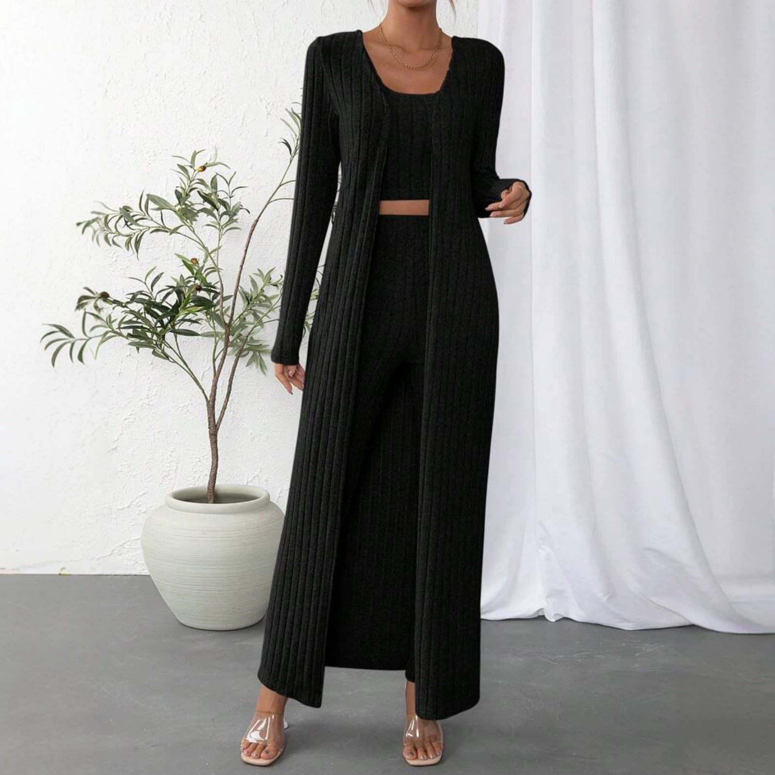 Minimalist Solid Knit 3-Piece Lounge Set with Cardigan