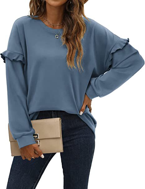 Women's Solid Color Crewneck Sweatshirt with Ruffle Trim Long Sleeve