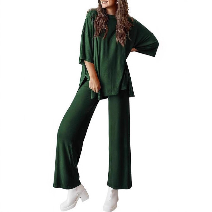 Women's Casual Two-Piece Set Short Sleeve Top & Wide-Leg Pants