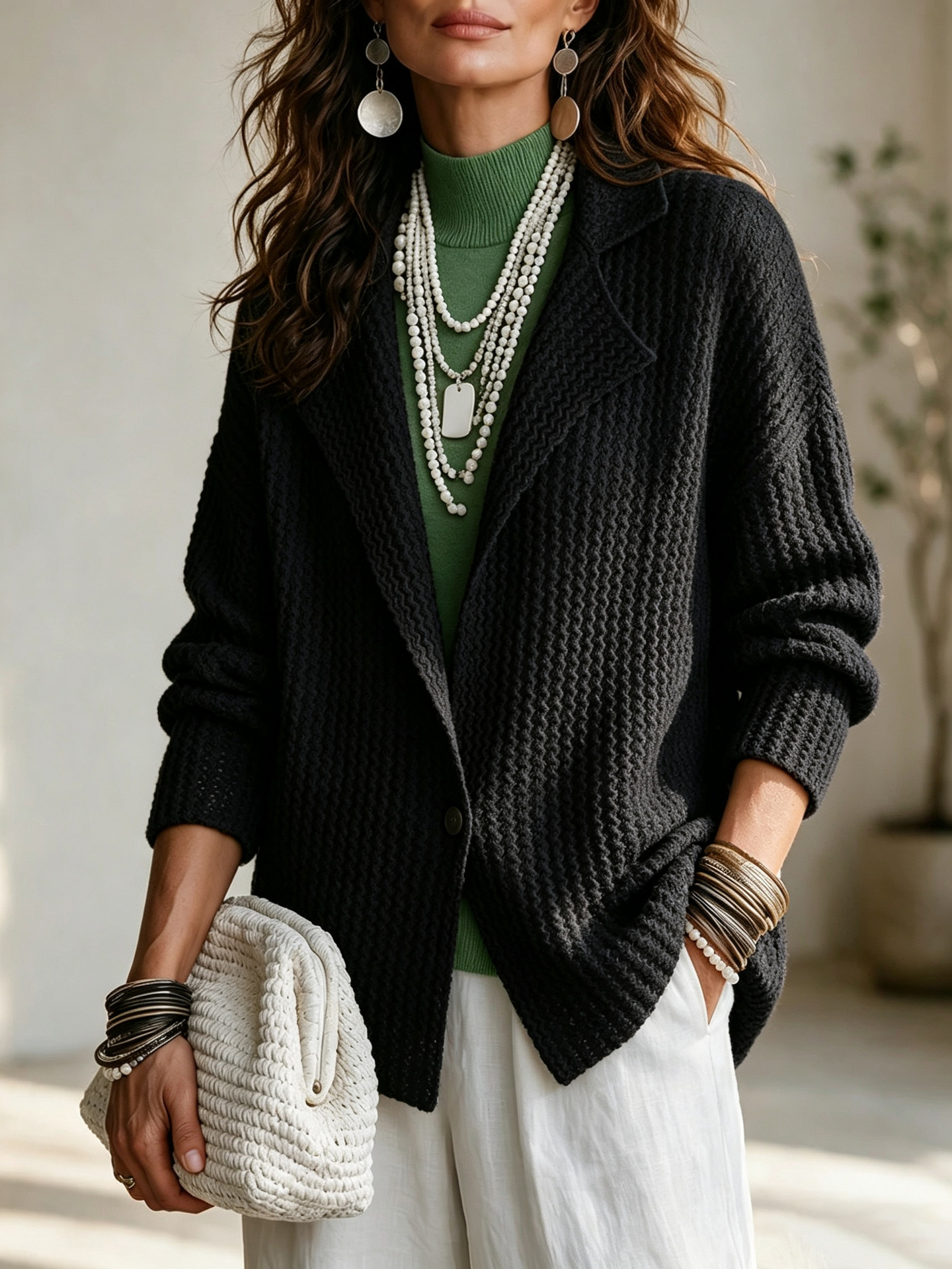 Women's Textured Knit Cardigan with Blazer Collar Single Button Loose Fit