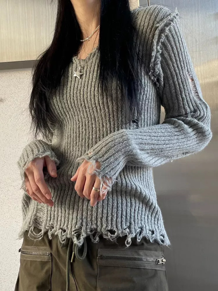 V-Neck Hand-Distressed Long-Sleeve Slim Knit Top