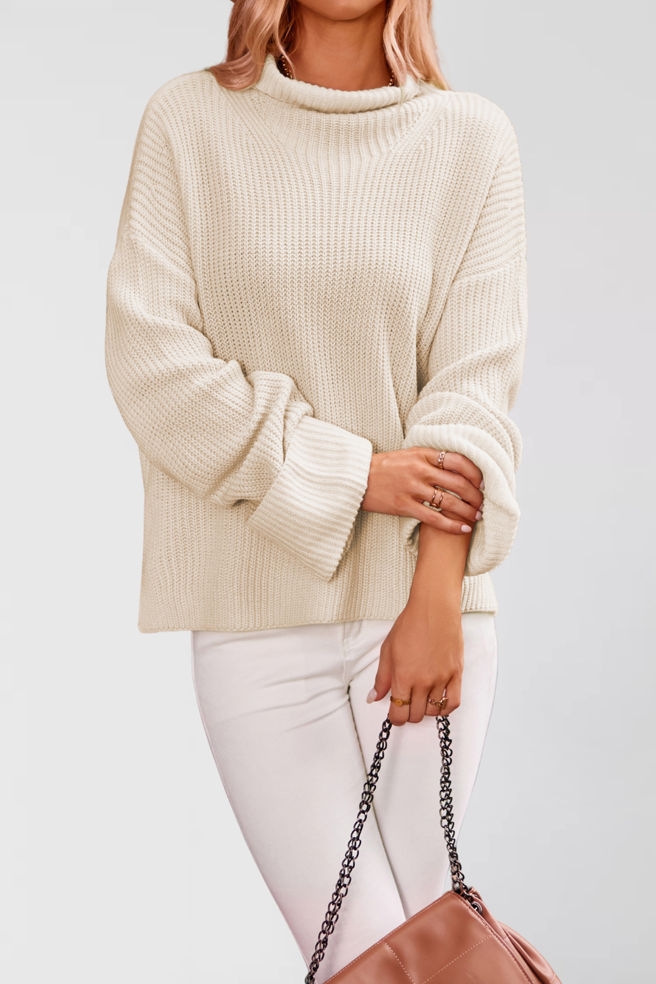 Women's Solid Color Flared Sleeve Crewneck Knit Sweater
