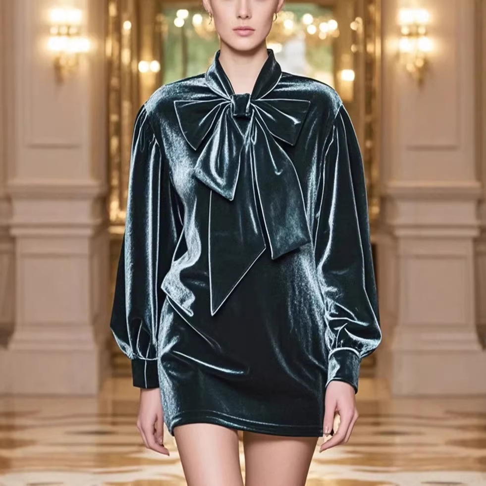 Retro Velvet A-Line Dress with Lantern Sleeves and Bow Tie Neck