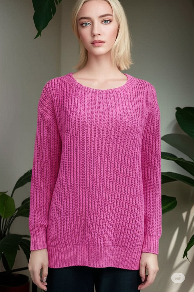 Women's Solid Crewneck Pullover Sweater Loose Long Sleeve Knit Top