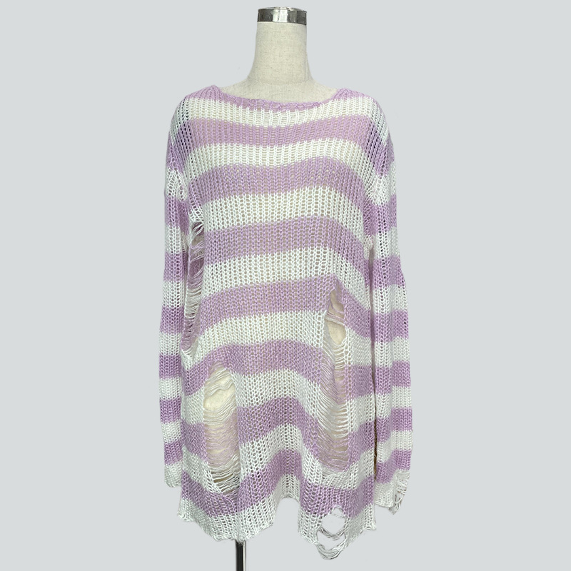 Mohair-Blend Striped Oversized Pullover Sweater Women's Mid-Length Knit