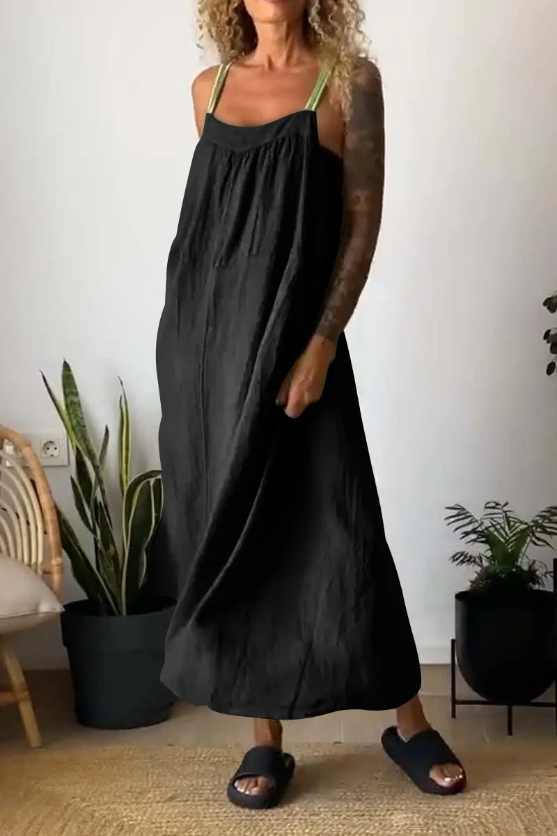 Women's Cotton Linen Sleeveless Pinafore Dress Casual Solid Color Long Dress