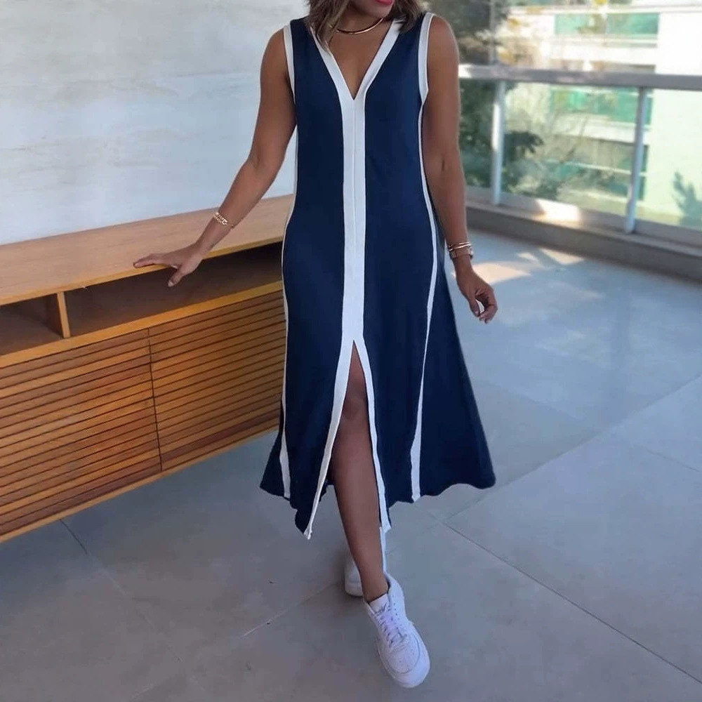 Blue and White Colorblock Sleeveless V-Neck Midi Dress with Slit