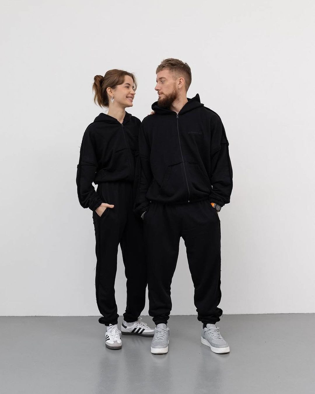 Solid Color Hooded Sweatshirt and Pants Set for Couples