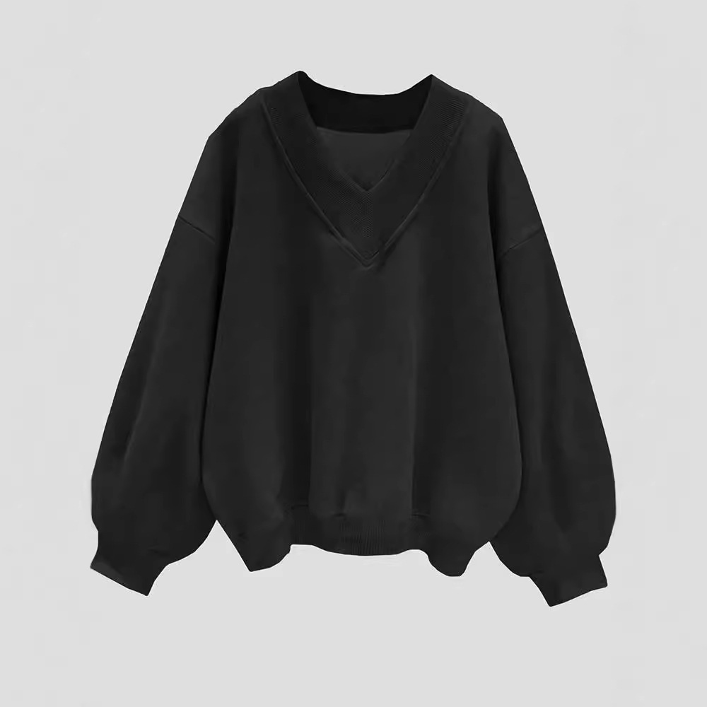 Gray V-Neck Pullover Sweatshirt Long Sleeve Loose Fit