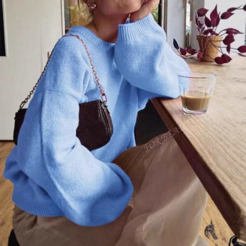 Pink Crewneck Pullover Sweater Relaxed Casual