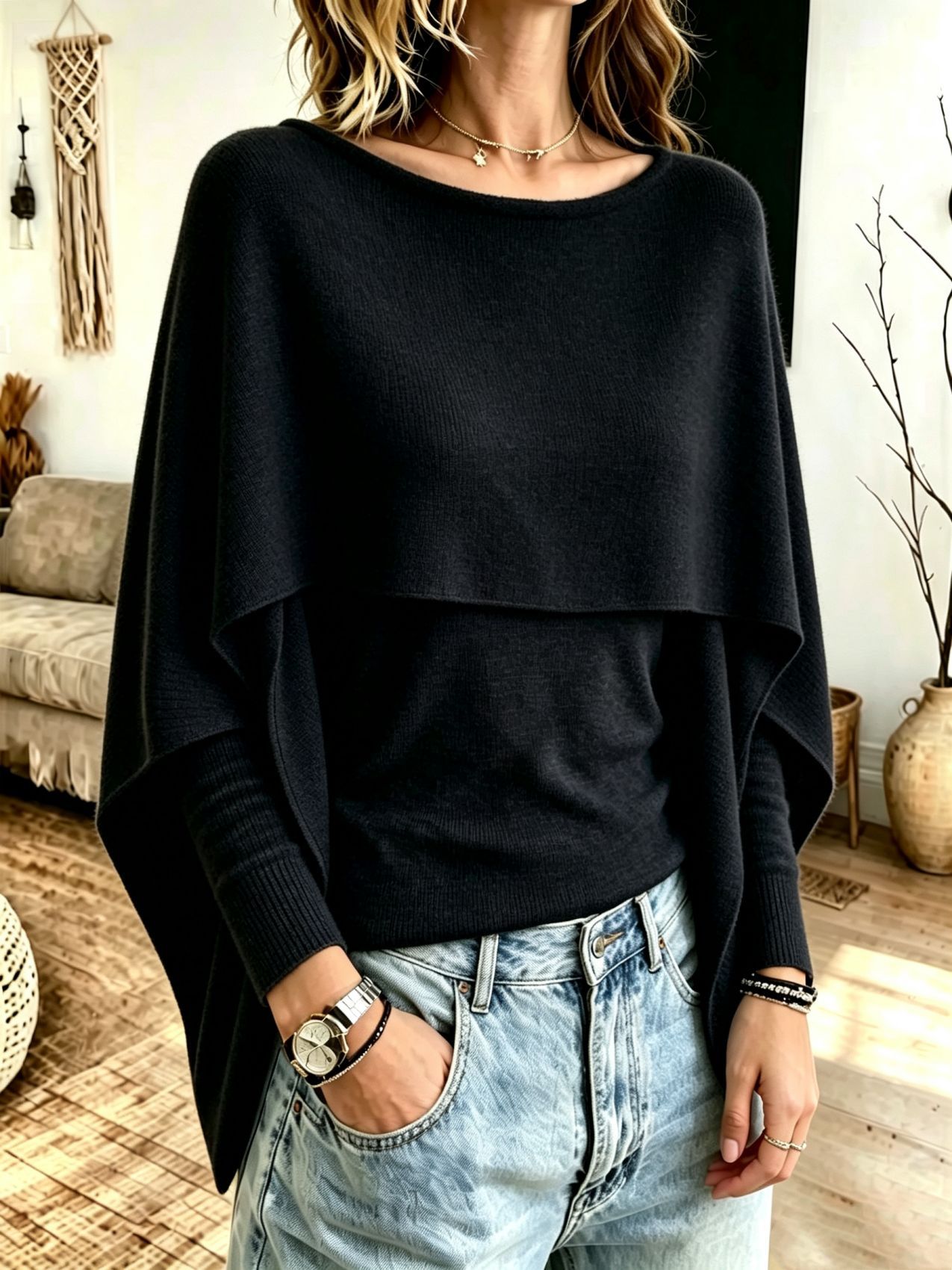 Women's Faux-Layer Cape-Sleeve Knit Sweater, Solid Color Loose Fit