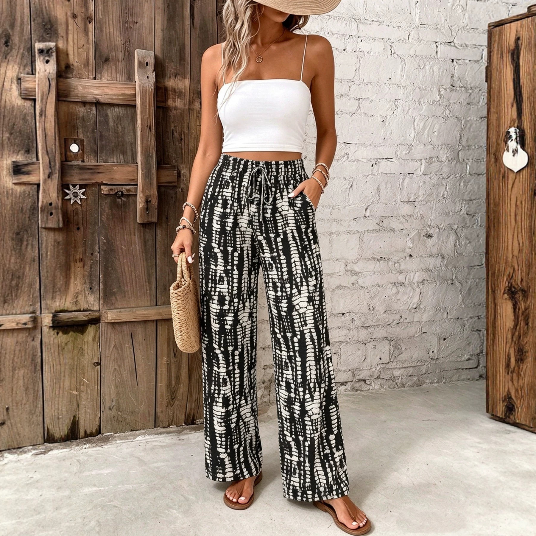 Women's Wide-Leg Pants with Elastic Waist and Pockets