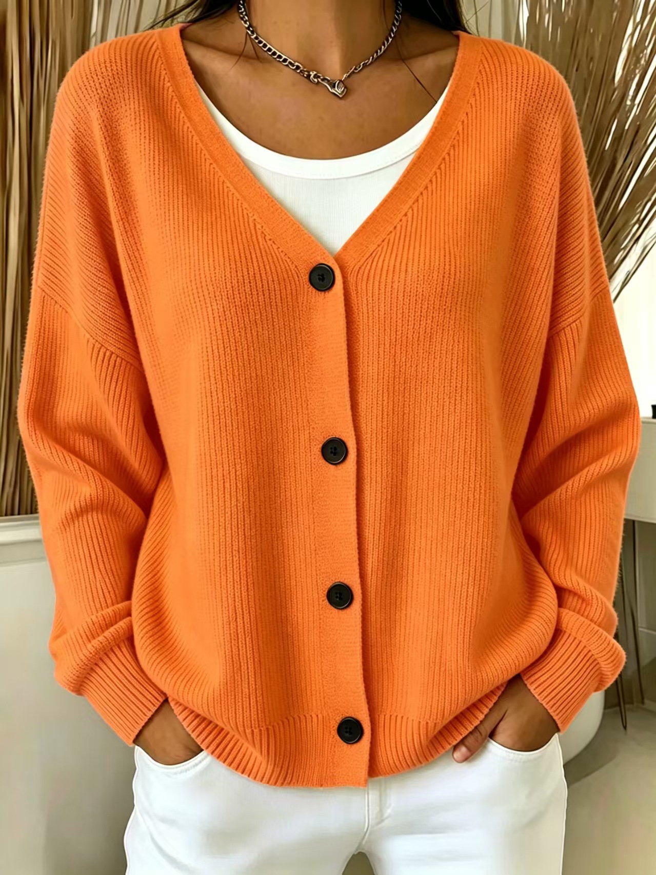 V-Neck Button-Up Knit Cardigan