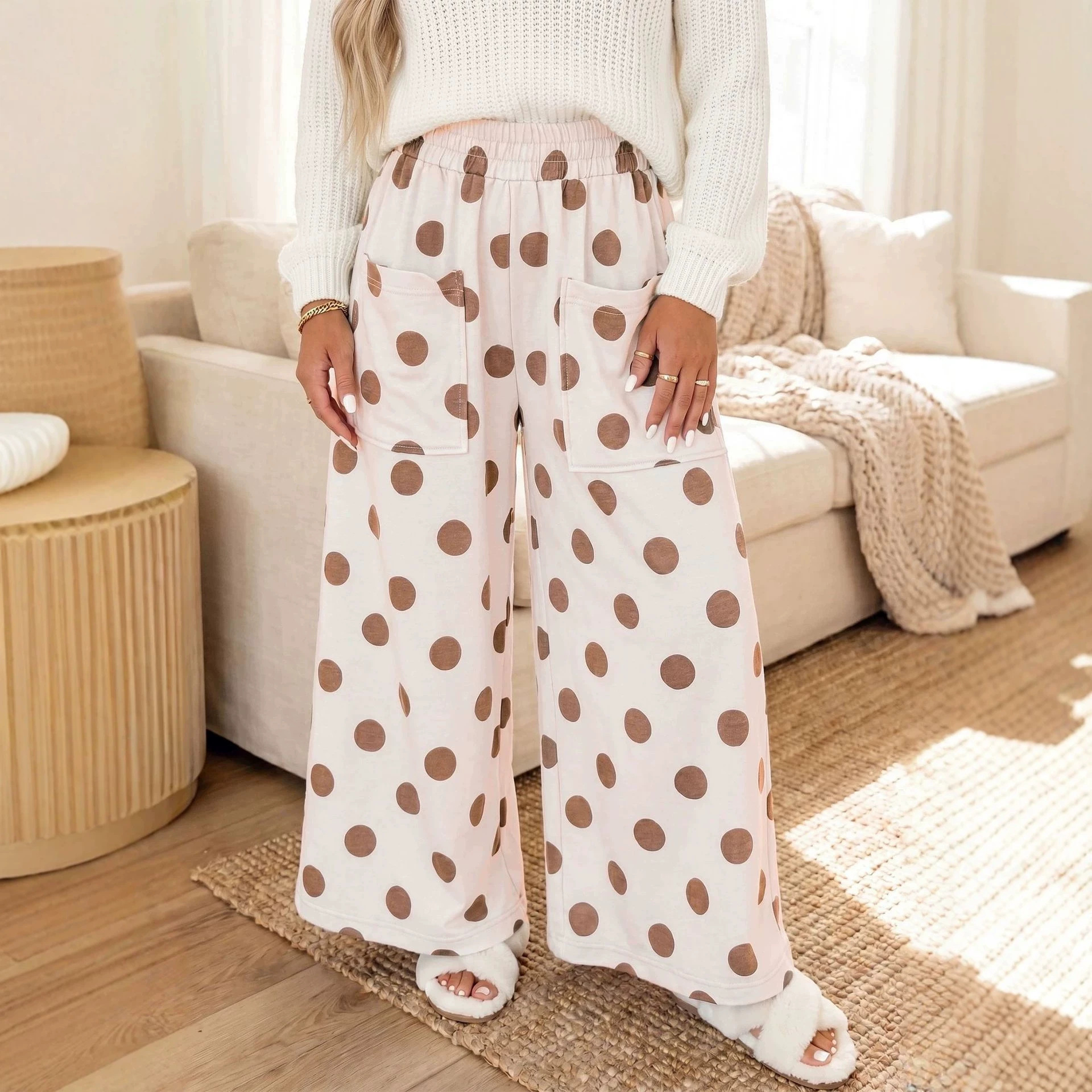 High-Waist Polka Dot Wide-Leg Pants with Pockets