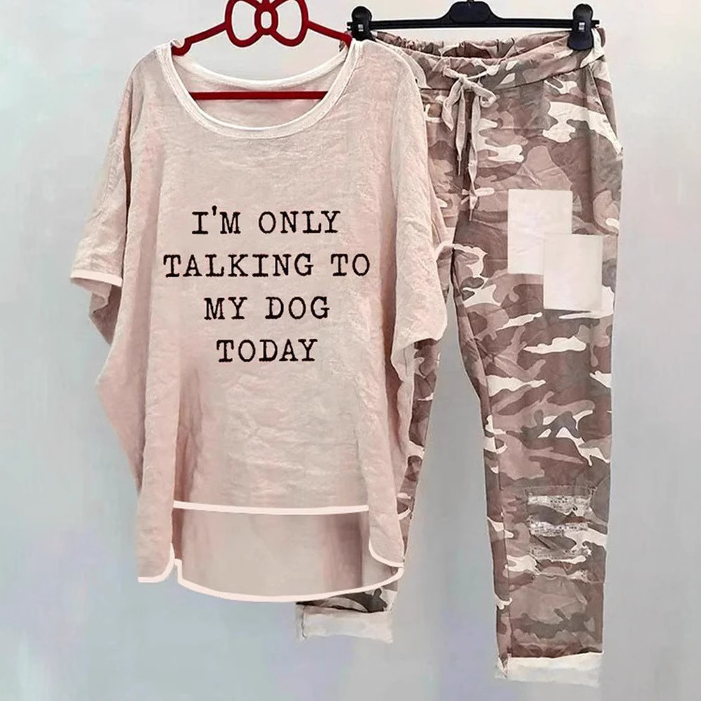 Women's Casual Printed Short-Sleeve Top and Camo Pants Set