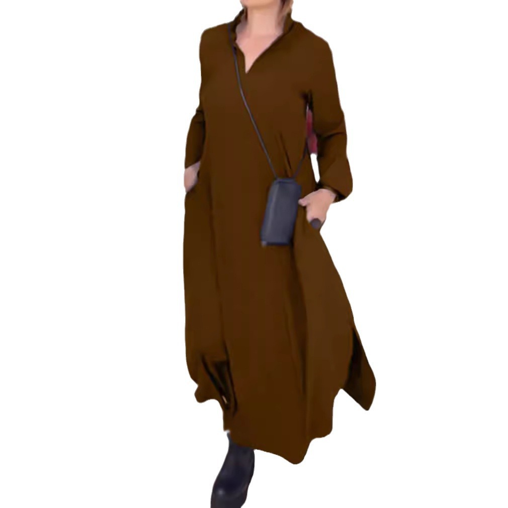 Women's Casual Solid V-Neck Long Sleeve Pocket Dress