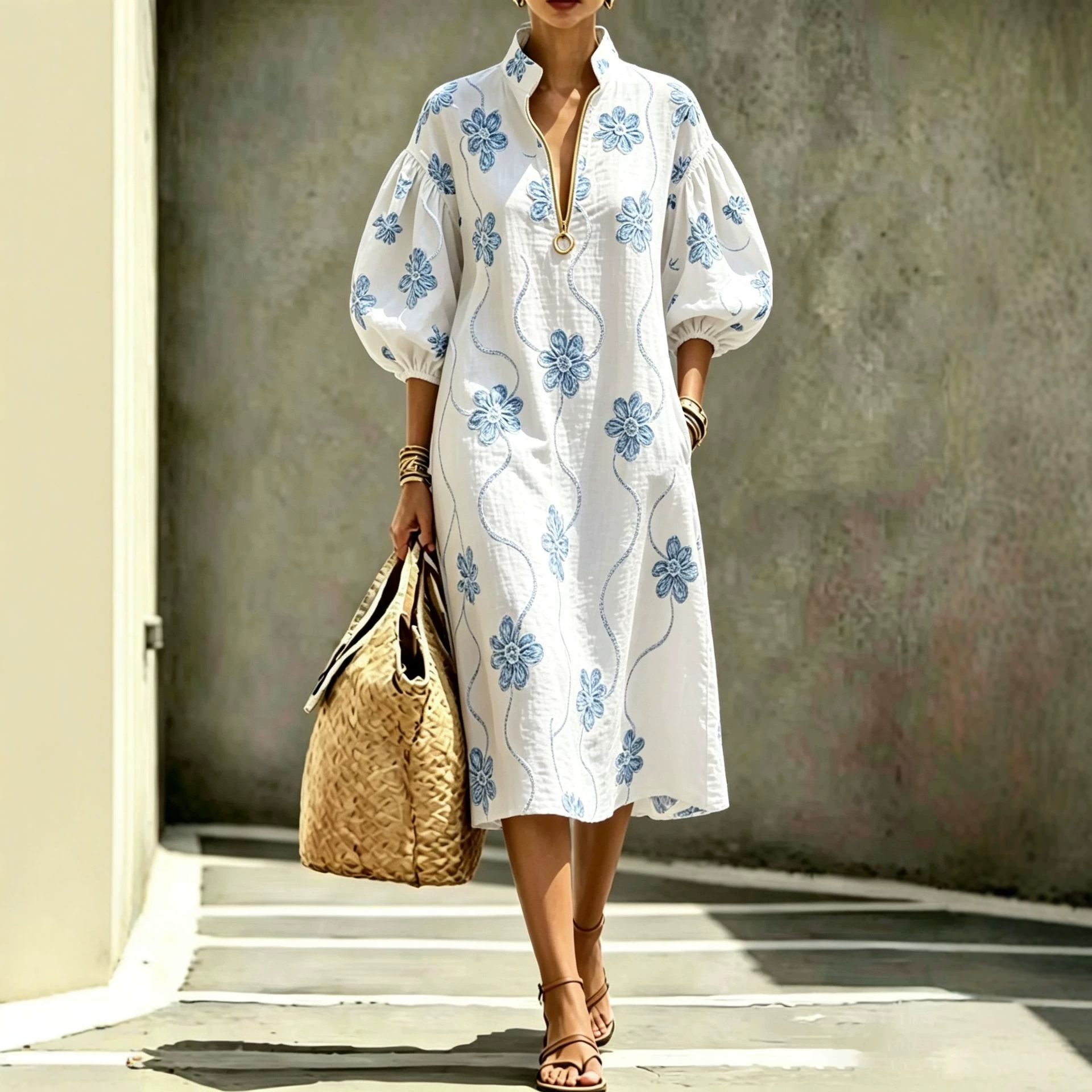Women's Casual Loose Stand Collar Puff Sleeve Half-Zip Dress
