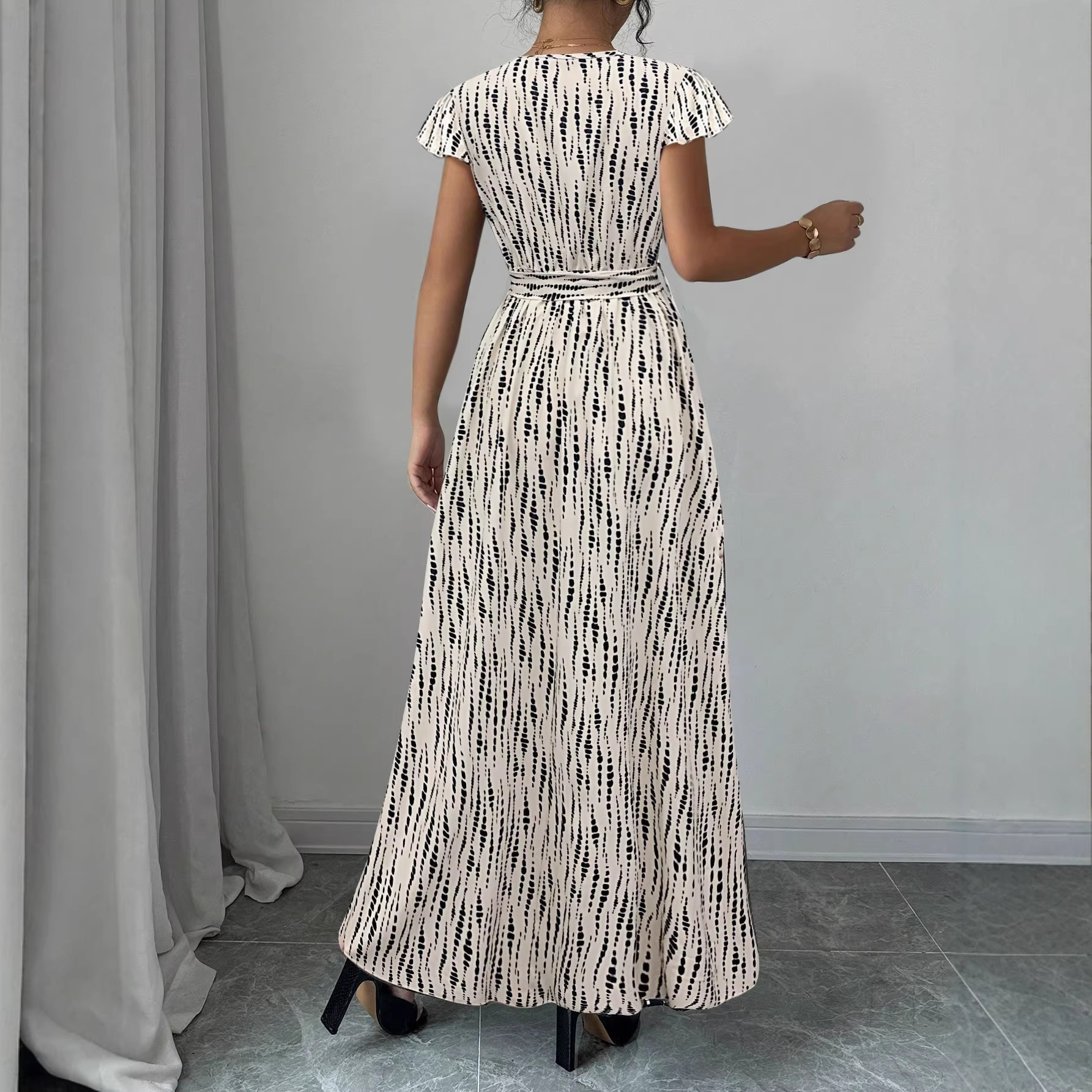 V-Neck Midi Dress with Ruffle Sleeves and High Waist