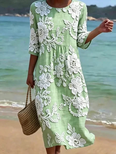 Women's Vintage Floral Print Ruched Midi Dress