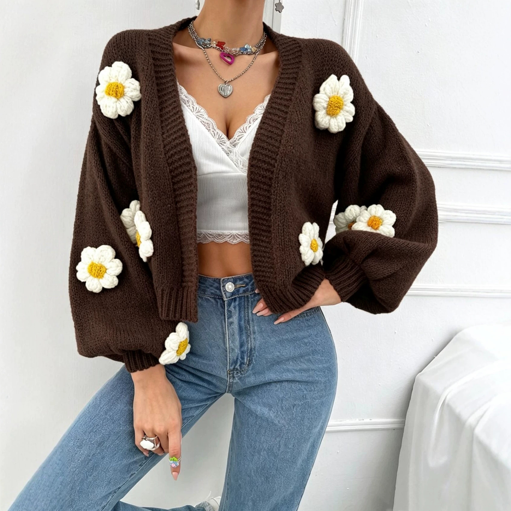 Women's Crochet Floral Spliced Button Cardigan Sweater