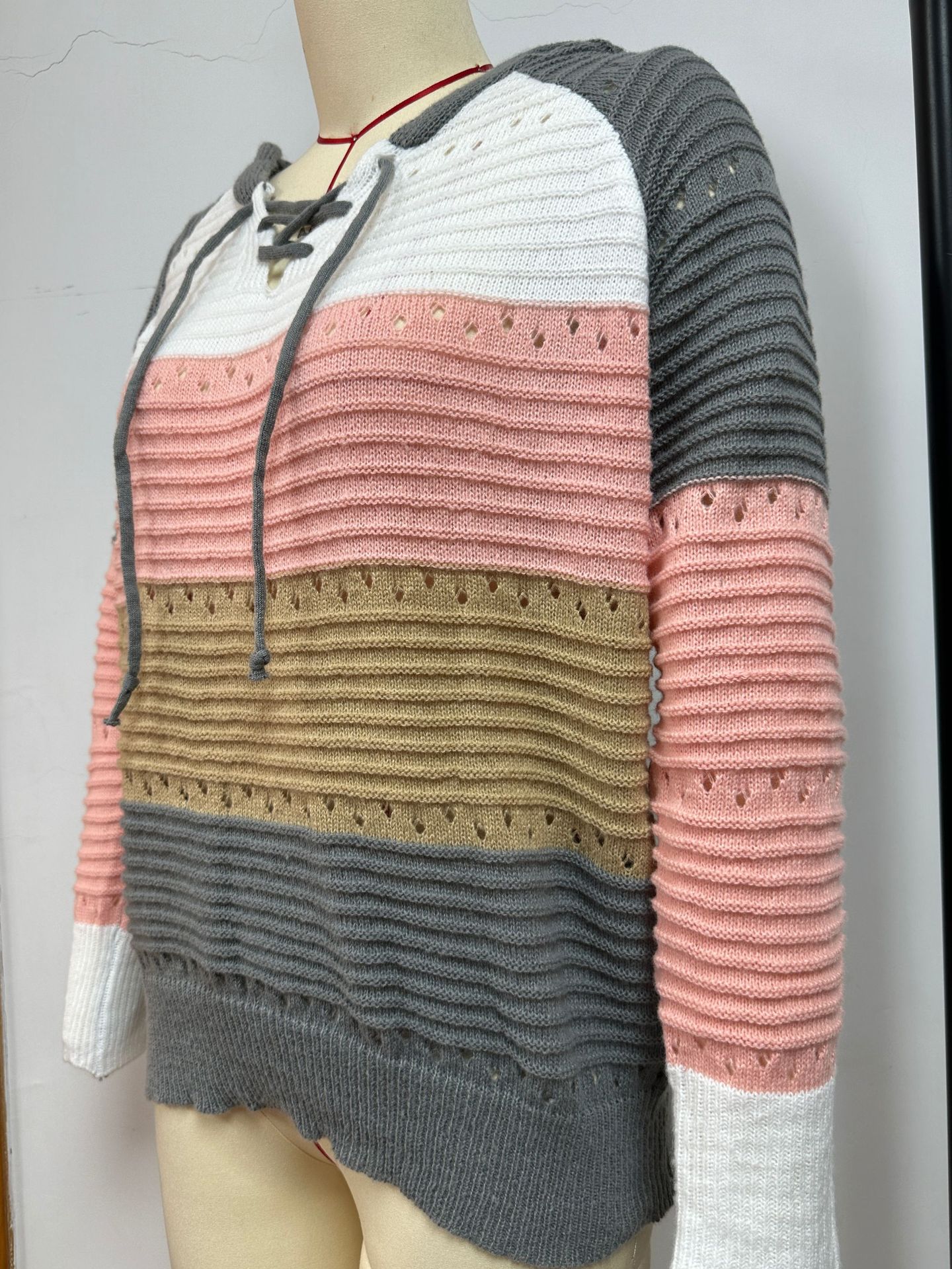 V-Neck Striped Hooded Knit Pullover Women's Color-Block Hollow-Out Sweater