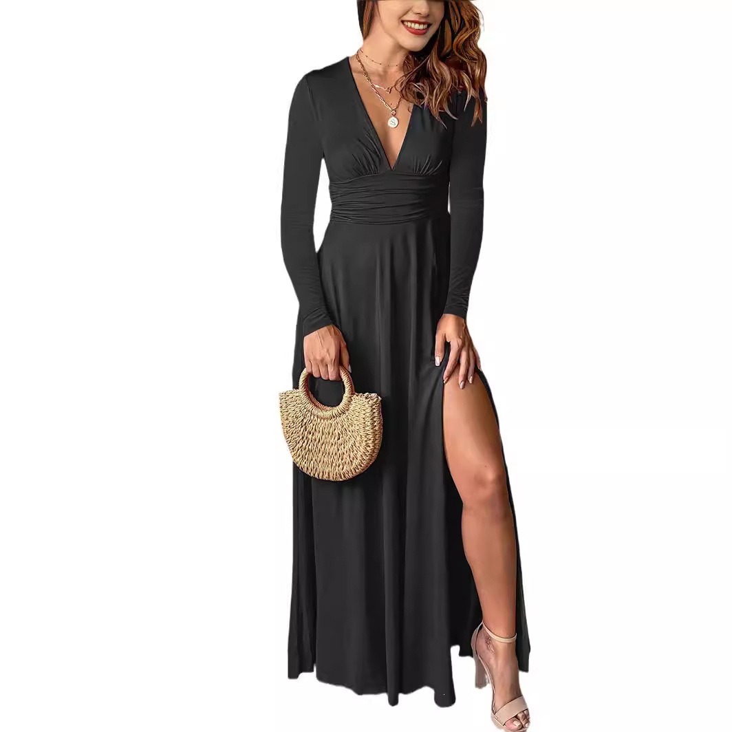 Deep V-Neck Long Sleeve Ruched High Waist Slit Club Party Dress Solid