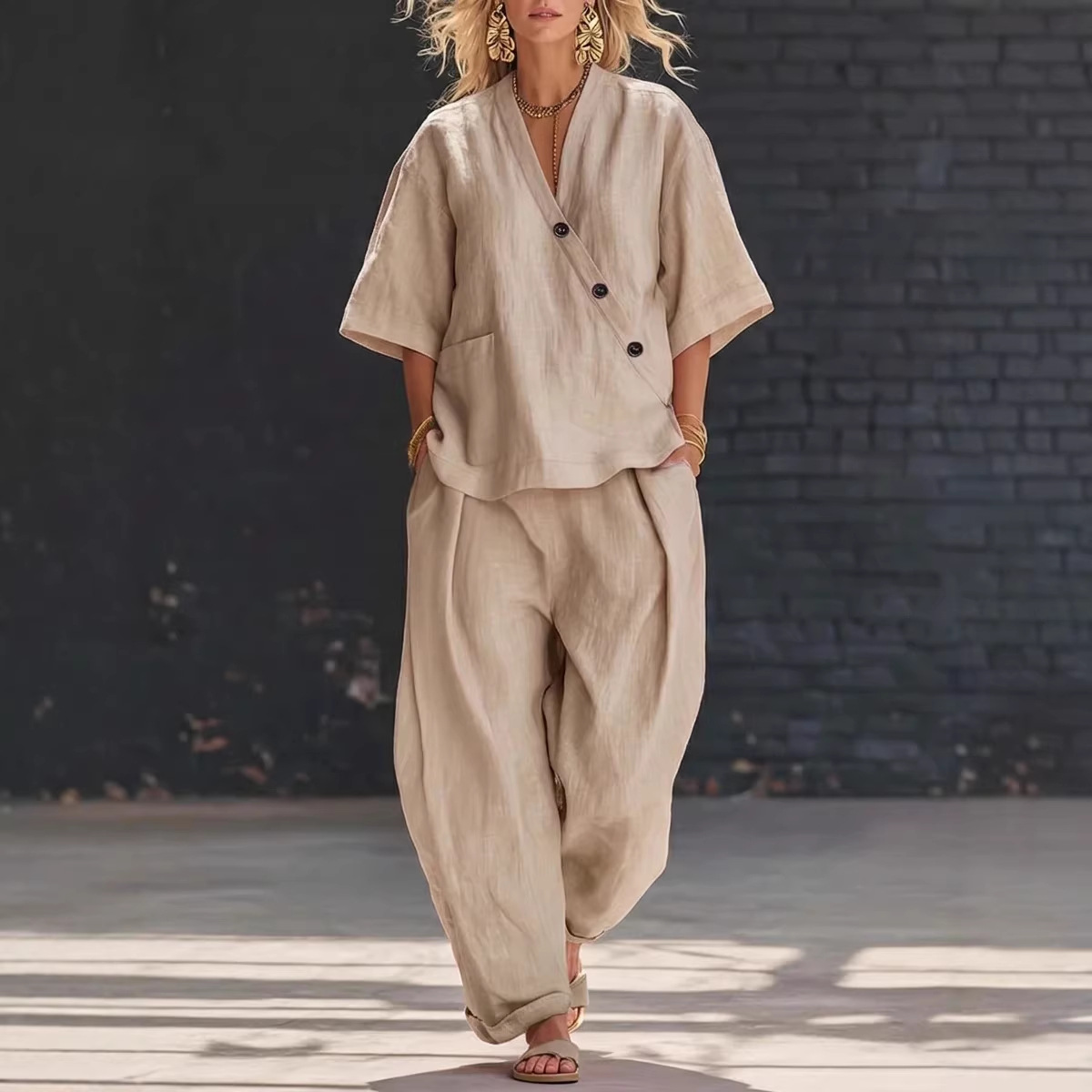 Women's Casual Solid V-Neck Short Sleeve Top and Pants Two-Piece Set