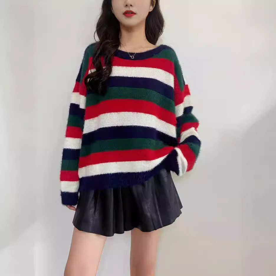 Women's Striped Colorblock Knit Sweater Crewneck Long Sleeve Pullover