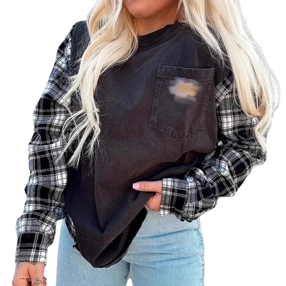 Women's Vintage Round Neck Long Sleeve Plaid Patchwork Sweatshirt