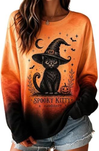 Women's Halloween Witch Hat Cat Print Sweatshirt
