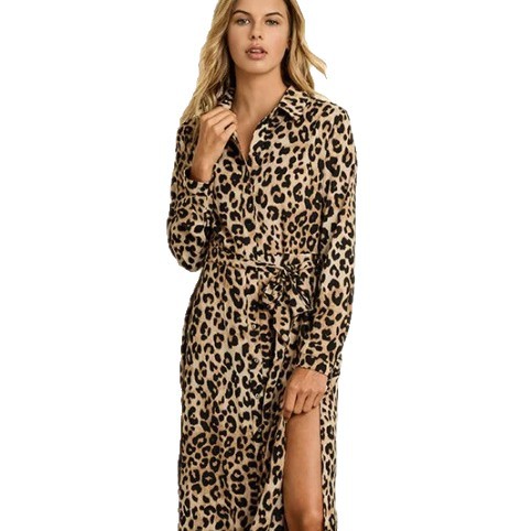 Collared Long Sleeve Tie-Waist Split Long Dress