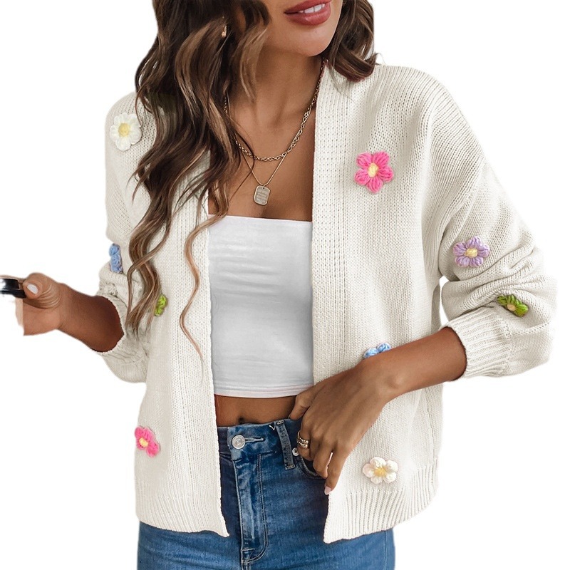 Hand-Crochet Floral Knit Cardigan Sweater Coat Women's Loose Relaxed Fit