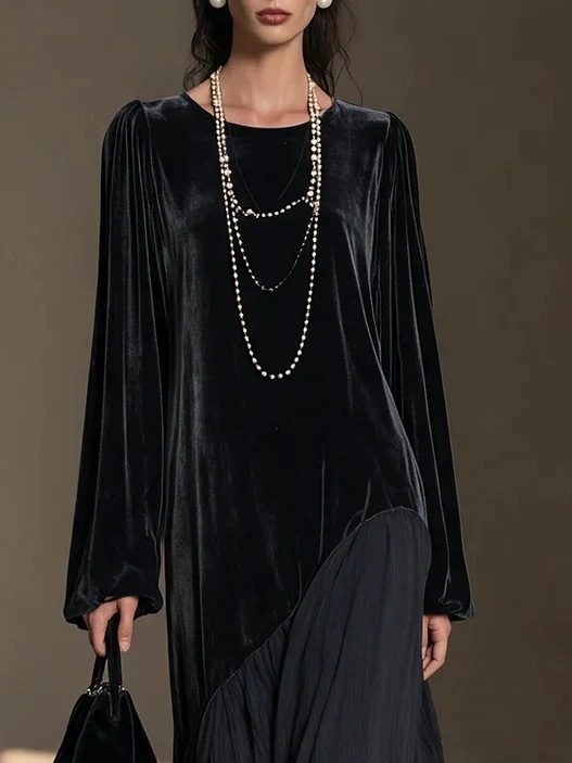 Black Velvet & Chiffon Paneled Long Dress with Round Neck and Puff Sleeves